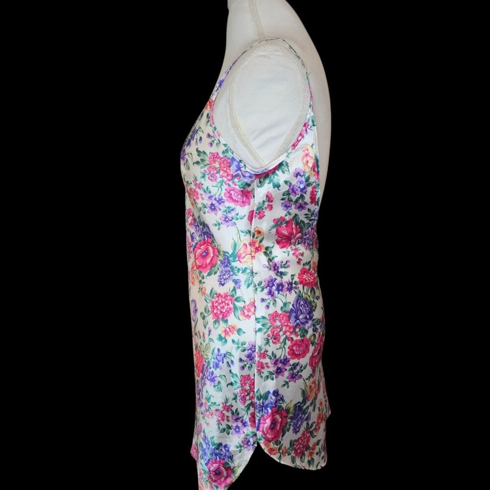 90s Satin White Floral Mini Slip Dress Pink Purple Size S Small Low Back Short - Picture 6 of 11